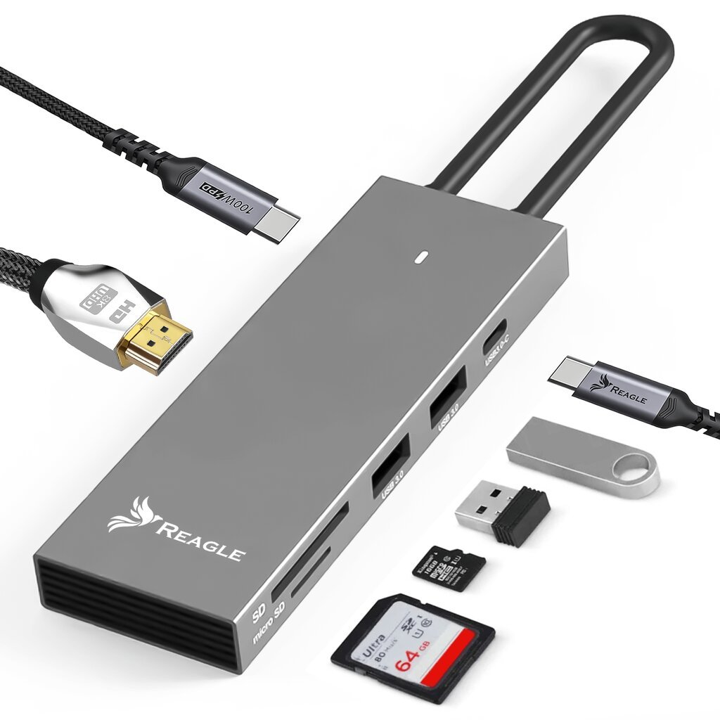 REAGLE HUB USB-C HDMI 4K 60Hz 2K 144Hz USB C 3.2 PD 100W KORTELIŲ SKAITYTOJAS M1 M2 цена и информация | Adapteriai, USB šakotuvai | pigu.lt