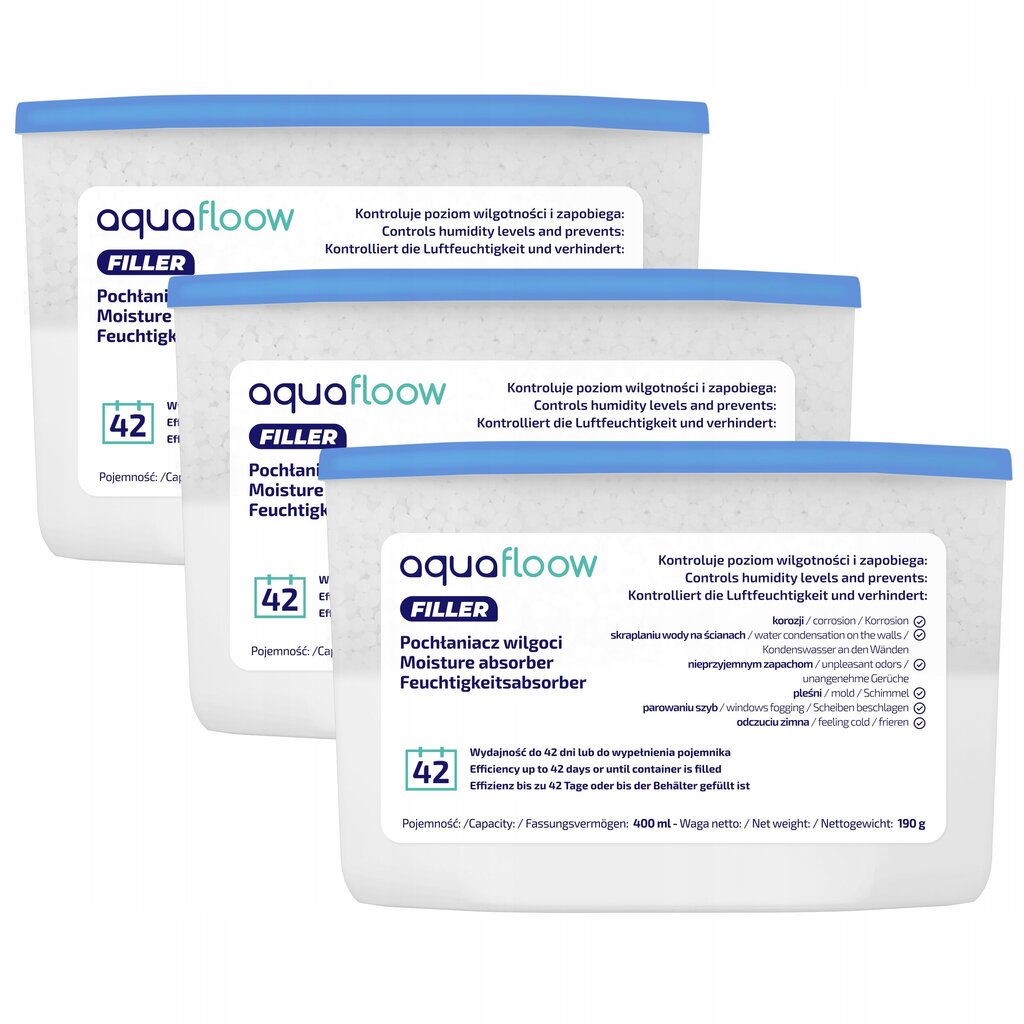 3x AquaFloow Refiller drėgmės sugėriklis 400 ml - bekvapis kaina ir informacija | Oro sausintuvai, drėgmės surinkėjai | pigu.lt