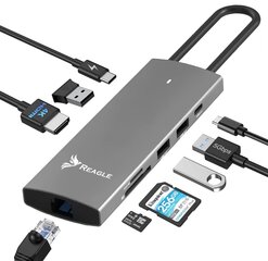 REAGLE HUB USB-C HDMI 4K 60Hz USB C PD 100W USB 3.2 LAN RJ45 kortelių skaitytuvas цена и информация | Адаптеры, USB-разветвители | pigu.lt
