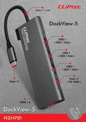 Адаптер-концентратор Cliptec — тип C на 3xUSB 3.1 + тип C + HDMI — DockView-5 RZH721 серый цена и информация | Адаптеры, USB-разветвители | pigu.lt