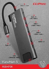 Адаптер-концентратор Cliptec — тип C на 2xUSB 3.1 + тип C + HDMI + RJ45 — DockView-6 RZH731 серый цена и информация | Адаптеры, USB-разветвители | pigu.lt