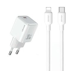 USAMS Ład. siec. 1xUSB-C PD30W PD3.0 Fast Charging US-CC186 + kabel USB-C|Lightning US-SJ610 biały|white YX Series YXXLOGTC04 цена и информация | Зарядные устройства для телефонов | pigu.lt