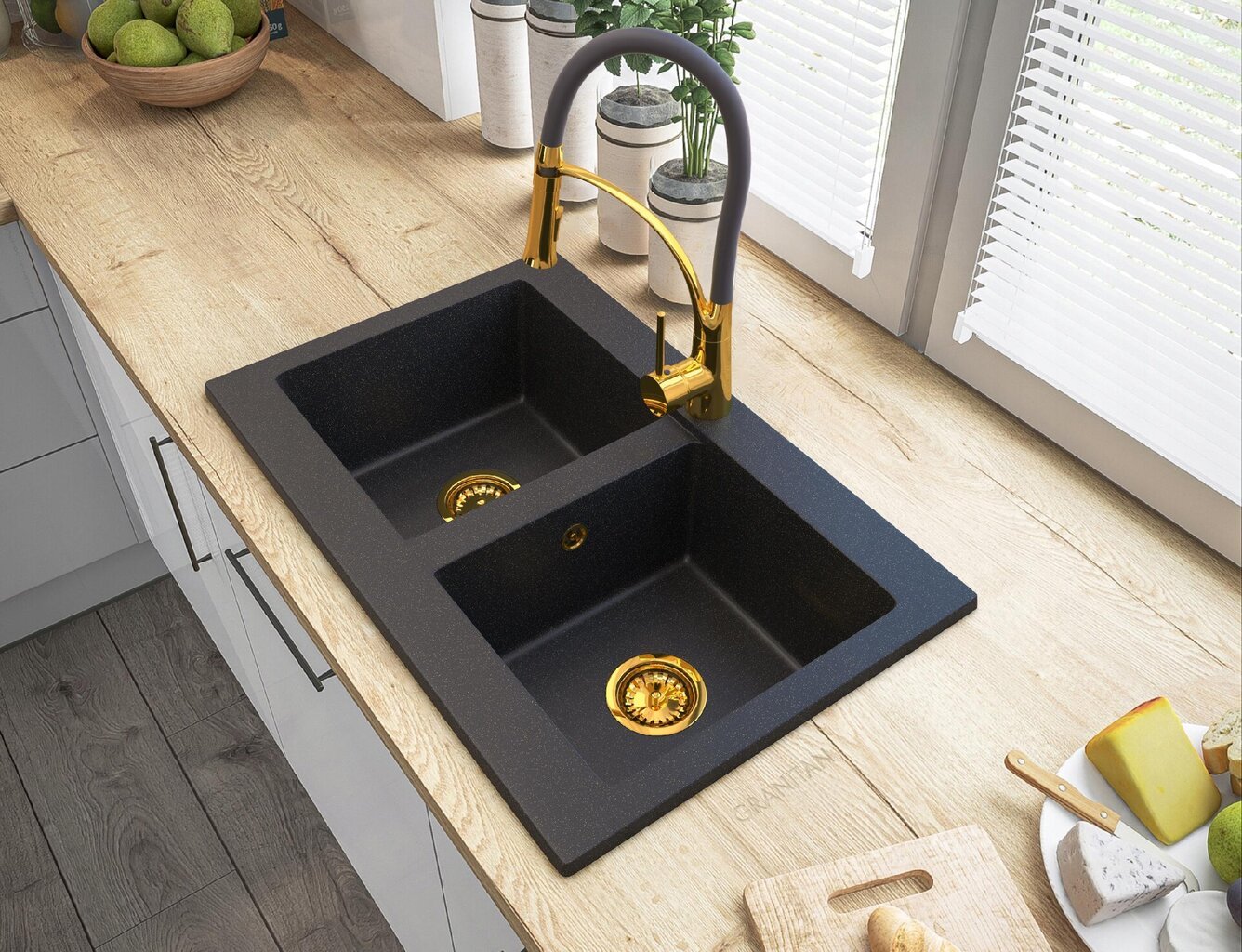 Granito kriauklė virtuvės maišytuvas juodas su aukso taškeliais kaina ir informacija | Virtuvinės plautuvės | pigu.lt