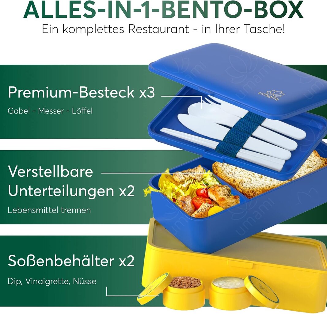 Umami priešpiečių dėžutė su stalo įrankiais, 1,2 l, mėlyna/geltona kaina ir informacija | Maisto saugojimo  indai | pigu.lt