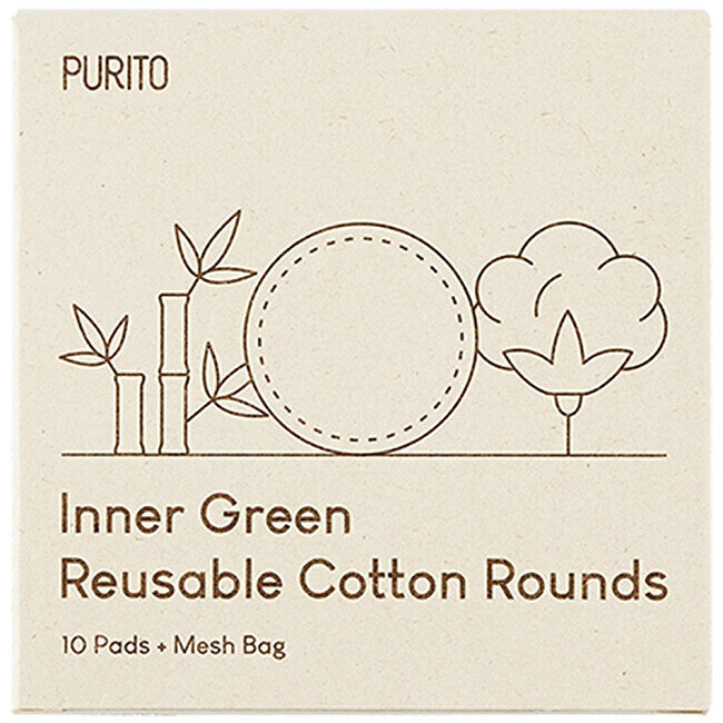 Daugkartinio naudojimo vatos diskeliai Purito Inner Green Reusable Cotton Rounds, 10 vnt. kaina ir informacija | Vatos gaminiai, drėgnos servetėlės | pigu.lt