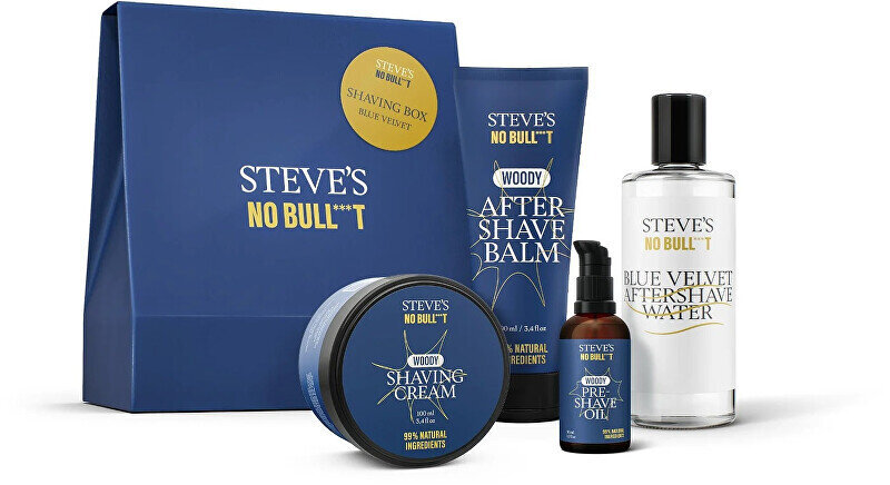 Skutimosi priemonių rinkinys Steve's No Bull***t Shaving Box Blue Velvet vyrams: aliejus prieš skutimąsi, 50 ml + skutimosi putos, 100 ml + balzamas po skutimosi, serumas po skutimosi Blue Velvet, 100 ml цена и информация | Skutimosi priemonės ir kosmetika | pigu.lt