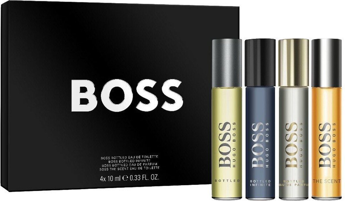 Miniatiūrų rinkinys Hugo Boss Miniatures Set vyrams: Bottled EDT 10 ml + Bottled Infinite EDP 10 ml + Bottled EDP 10 ml + The Scent EDT 10 ml kaina ir informacija | Kvepalai vyrams | pigu.lt