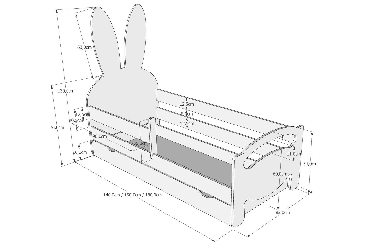 Vaikiška lova Bunny 80x160 cm, balta kaina ir informacija | Vaikiškos lovos | pigu.lt