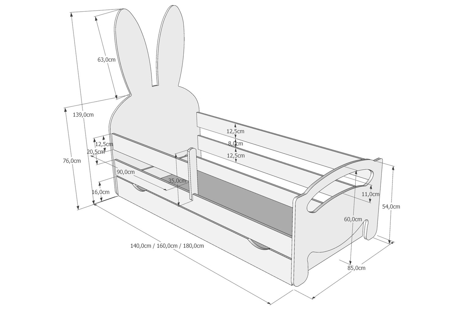 Vaikiška lova Bunny 80x140 cm, balta kaina ir informacija | Vaikiškos lovos | pigu.lt