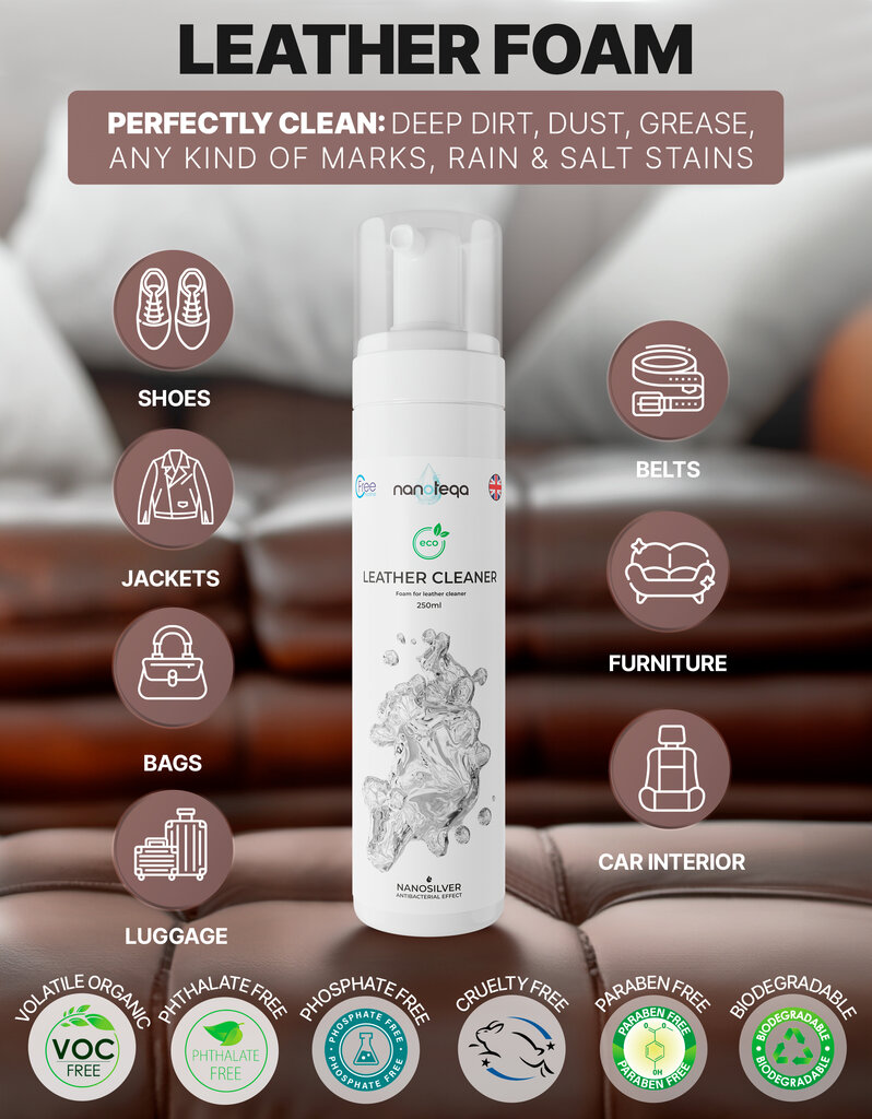 Nanoteqa odinės avalynės valiklis Leather Cleaner, 250 ml цена и информация | Drabužių ir avalynės priežiūros priemonės | pigu.lt