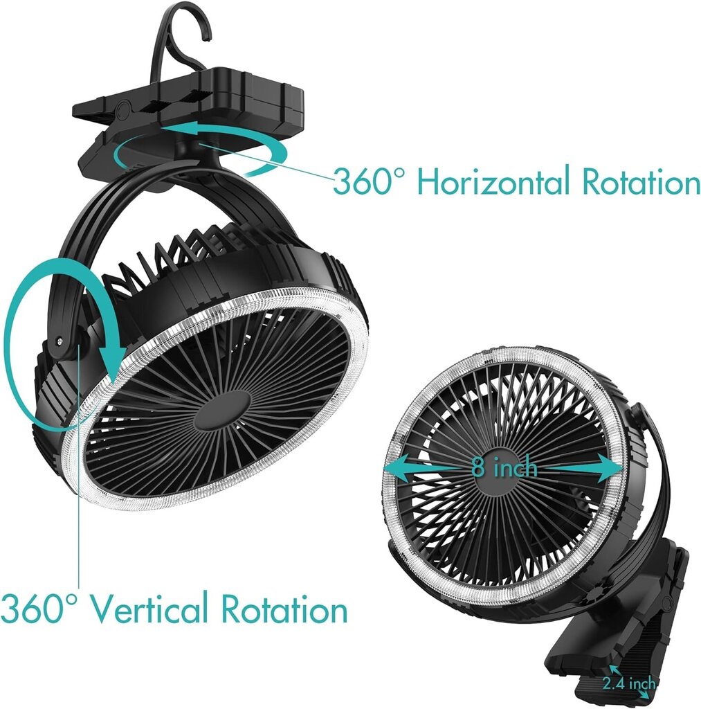 Įkraunamas nešiojamas ventiliatorius, su LED žibintuvėliu Kitwlemen, 10000mAh, juodas kaina ir informacija | Ventiliatoriai | pigu.lt