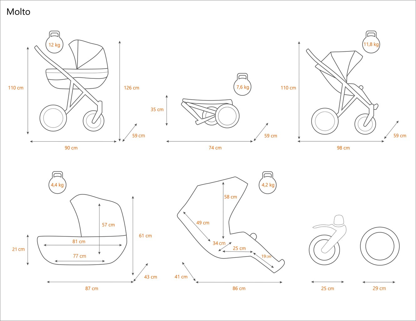 Universalus vežimėlis Molto Kunert 3in1, pink kaina ir informacija | Vežimėliai | pigu.lt