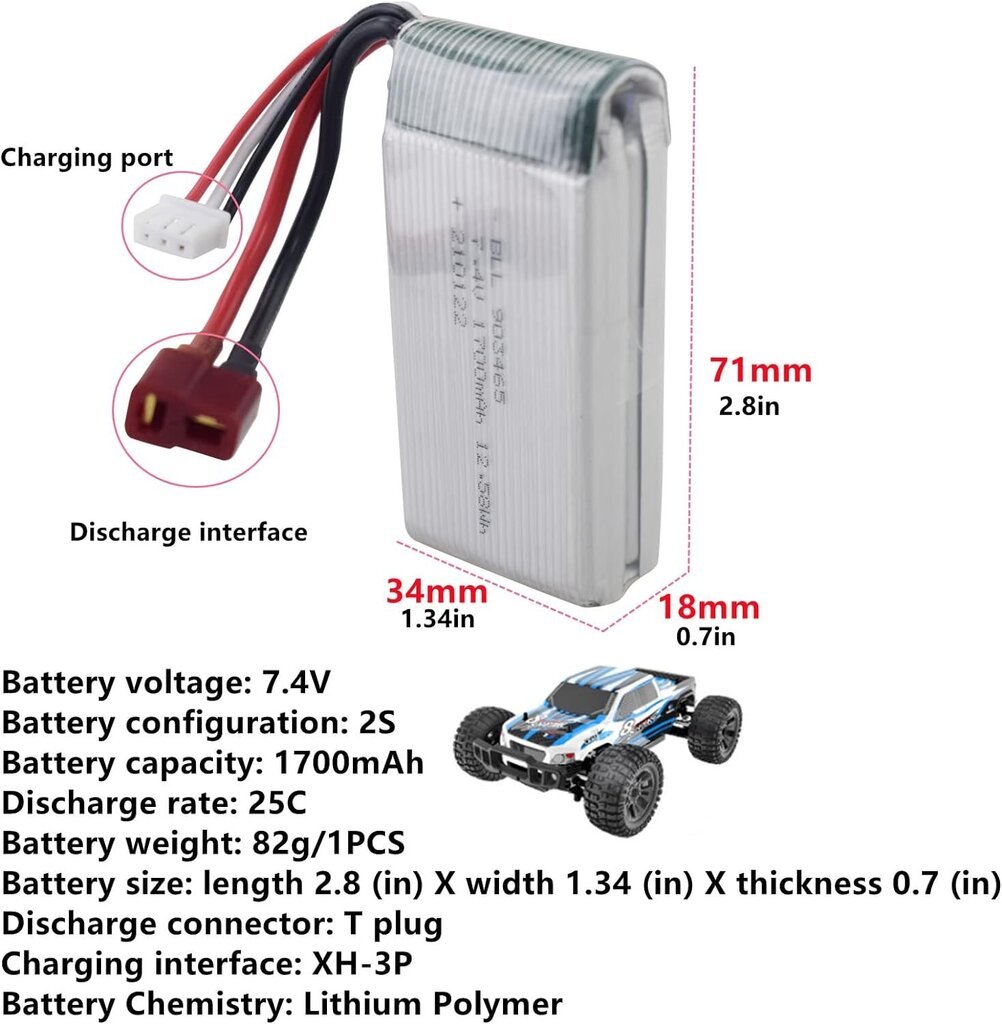 7.4V 1700mAh ličio baterija, suderinama su 4WD didelės spartos RC automobiliu kaina ir informacija | Elementai | pigu.lt