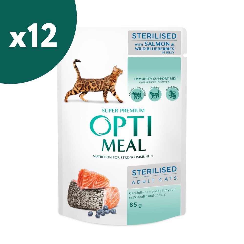 Optimeal sterilizuotoms katėms su lašiša ir mėlynėmis drebučiuose, 85 g x 12 vnt. kaina ir informacija | Konservai katėms | pigu.lt