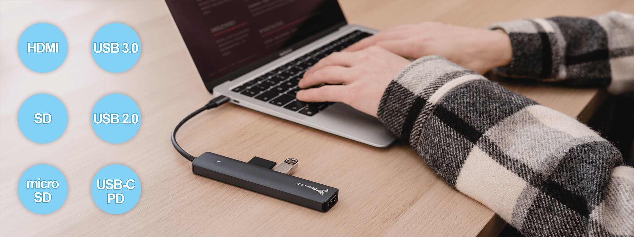 REAGLE HUB USB-C 3.1 HDMI 4K PD 100W SD TF ADAPTER 7in1 Apple M1 M2 skaitytuvas kaina ir informacija | Korpusų priedai | pigu.lt