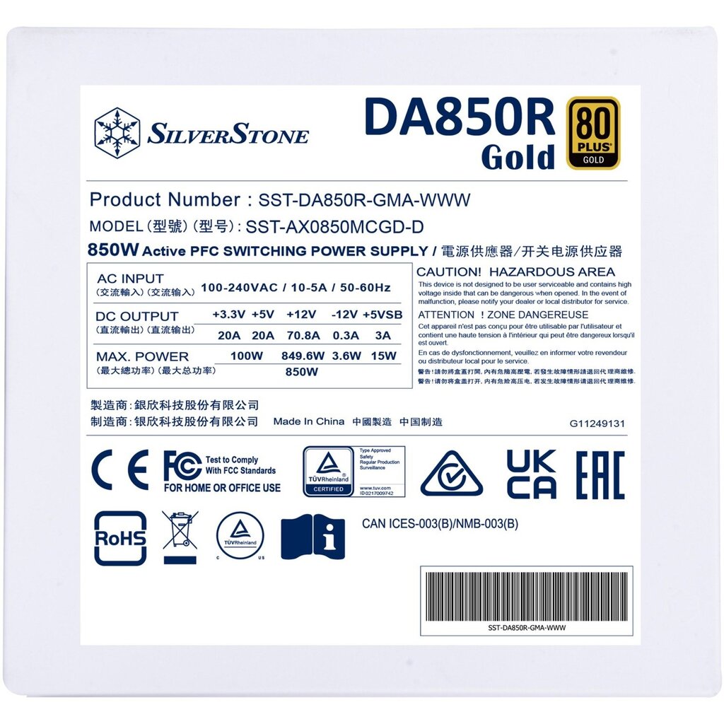 Silverstone DA850R Gold (SST-DA850R-GMA-WWW) kaina ir informacija | Maitinimo šaltiniai (PSU) | pigu.lt