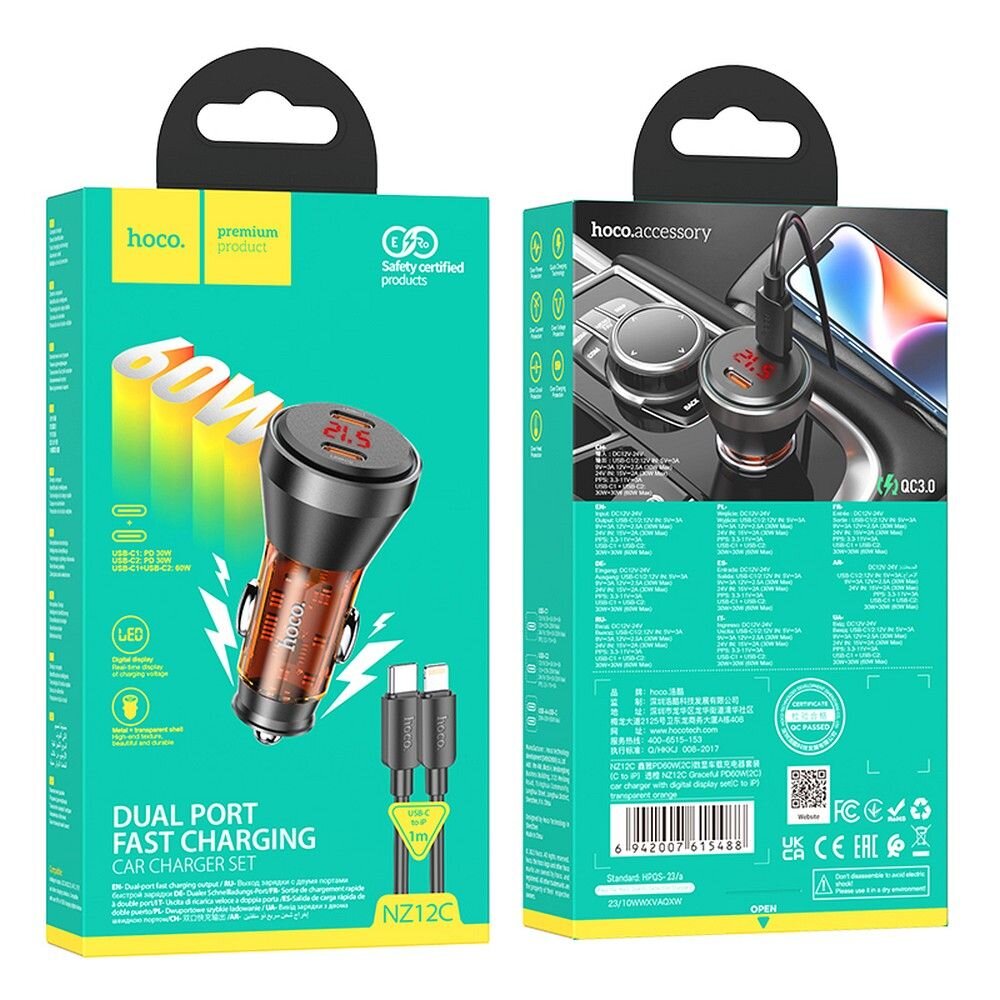 HOCO car charger 2 x Type C QC 30W with digital display + cable Type C to Lightning PD60W transparent orange kaina ir informacija | Auto reikmenys | pigu.lt