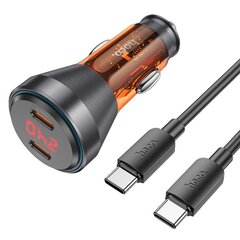 HOCO car charger 2 x Typ C QC 30W with digital display + cable Type C for Type C PD60W transparent orange kaina ir informacija | Auto reikmenys | pigu.lt