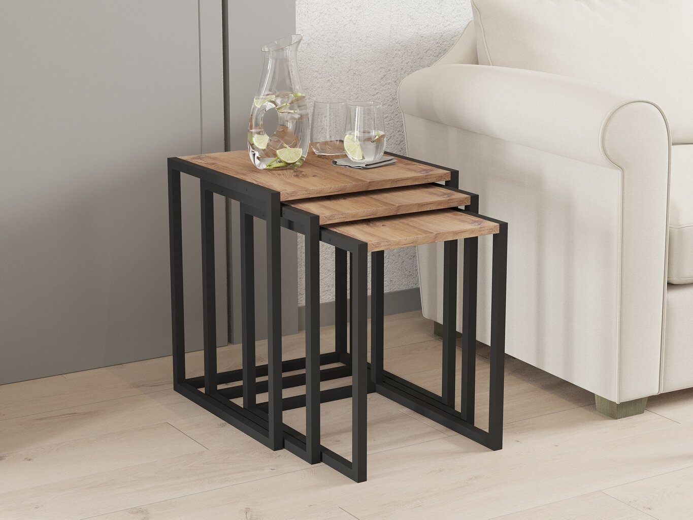 3-ių dalių kavos staliukų komplektas Asir, 40x55x40 cm, juodas/rudas kaina ir informacija | Kavos staliukai | pigu.lt