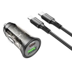 Borofone Car charger BZ26A Shadow - USB + Type C - PD 43W 3A with Type C to Lightning cable transparent-black цена и информация | Зарядные устройства для телефонов | pigu.lt