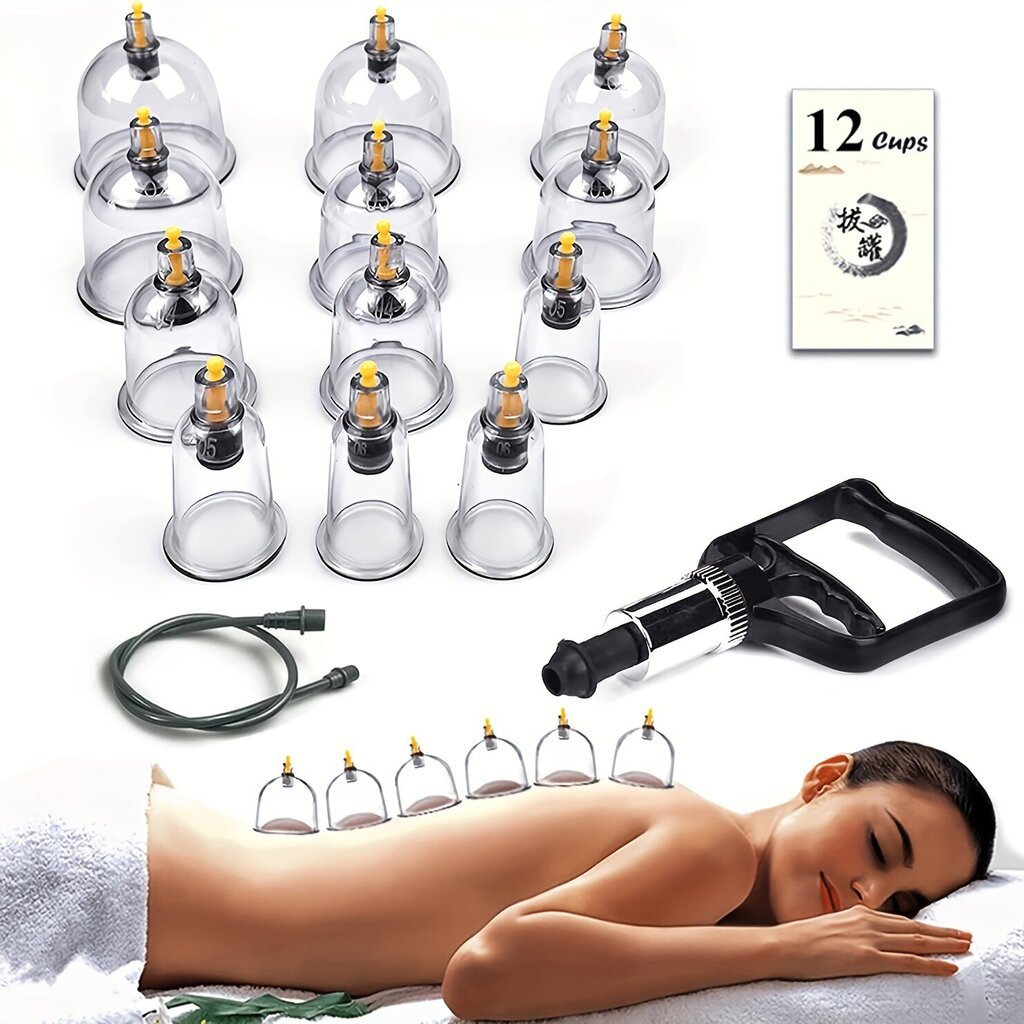 Vakuuminės masažinės taurės su pompa, 12 vnt. kaina ir informacija | Masažo reikmenys | pigu.lt