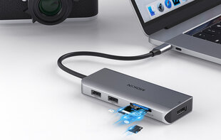 MOKiN Adapter|Docking Station 9 in 1 USB C to 2x USB 2.0 + USB 3.0 + 2x HDMI + DP + PD + SD + Micro SD (silver) цена и информация | Адаптеры, USB-разветвители | pigu.lt