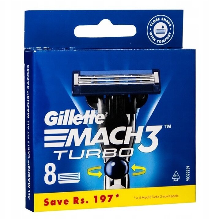 Skutimosi galvutės Gillette Mach3 Turbo, 8 vnt. kaina ir informacija | Skutimosi priemonės ir kosmetika | pigu.lt