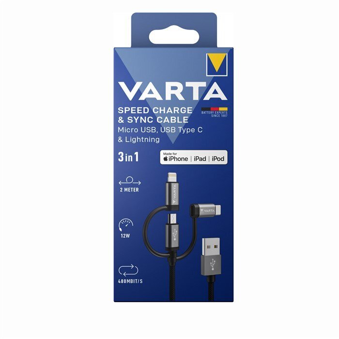 Varta 3in1 Speed Charge And Sync Cable kaina ir informacija | Laidai telefonams | pigu.lt