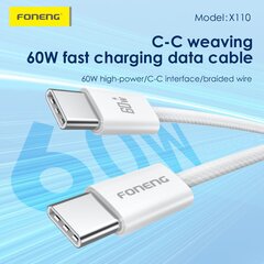 Foneng Cable X110 - Type C to Type C - PD 60W 3A 1,2 metres white цена и информация | Кабели для телефонов | pigu.lt