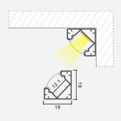 Kampinis anoduotas aliuminio profilis LED juostelėms su matiniu stiklu, 1m x 19mm x 19mm kaina ir informacija | LED juostos | pigu.lt