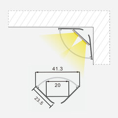 Kampinis anoduoto aliuminio profilis su matiniu stiklu 1-2 eilėms LED juostelių, 1m x 23,5mm x 23,5mm kaina ir informacija | LED juostos | pigu.lt