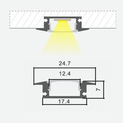 Įgilintas anoduoto aliuminio profilis su peršviečiamu stiklu LED juostelei, 1m x 24,7mm x 7mm, 2 vnt. kaina ir informacija | LED juostos | pigu.lt