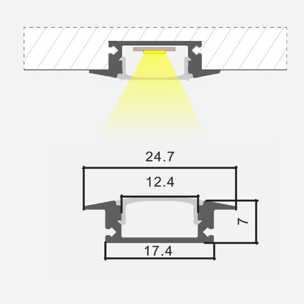 Įgilintas anoduoto aliuminio profilis su peršviečiamu stiklu LED juostelei, 1m x 24,7mm x 7mm, 2 vnt. kaina ir informacija | LED juostos | pigu.lt