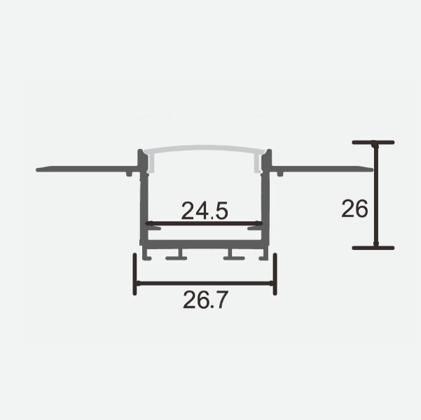 Integruotas / žemo profilio anoduotas aliuminio profilis su matiniu stiklu 1-2 LED juostų eilės gipso kartono plokštėms, 2m x 26,7mm x 26mm kaina ir informacija | LED juostos | pigu.lt