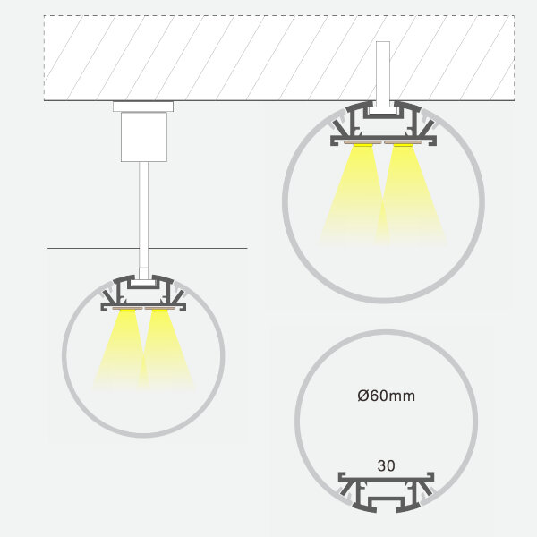 Paviršius / Pakabinamas apvalus anoduoto aliuminio profilis su matiniu stiklu 1-3 eilės LED juostos su apvaliu stiklu, 3m x ø60mm x 30mm kaina ir informacija | LED juostos | pigu.lt