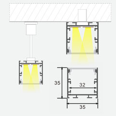 Perdanga / aukštai anoduotas aliuminio profilis su matiniu stiklu 1-4 LED juostelių eilėms gipso kartono plokštėms, plytelėms, baldams ir kt., 3m x 35mm x 35mm kaina ir informacija | LED juostos | pigu.lt