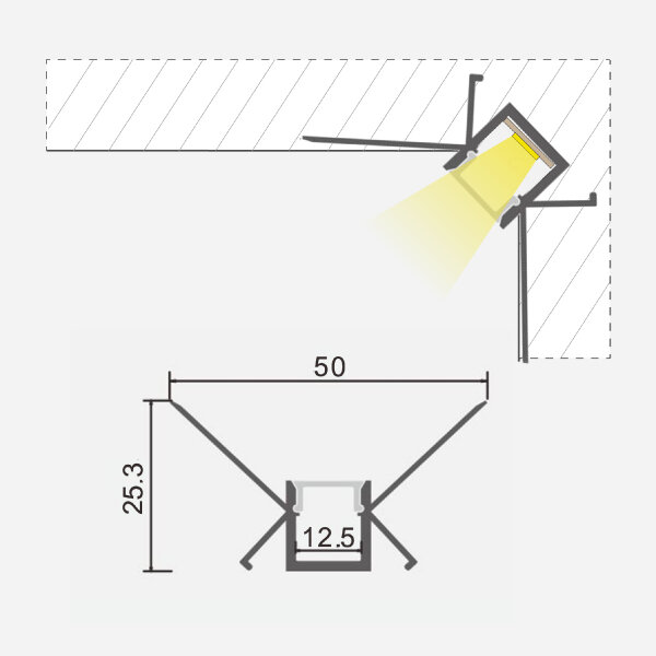 Įleidžiamas / įleidžiamas kampinis anoduotas aliuminio profilis su matiniu stiklu LED juostelei gipso kartono plokštėms, 3m x 50mm x 25,3mm kaina ir informacija | LED juostos | pigu.lt