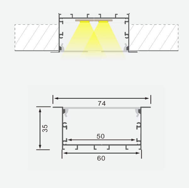 Įleidžiamas platus anoduoto aliuminio profilis su matiniu stiklu 1-5 eilėms LED juostelių gipso kartono plokštėms, plytelėms, baldams ir kt., 3m x 74mm x 35mm kaina ir informacija | LED juostos | pigu.lt