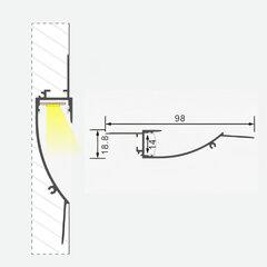 Įmontuojamas / įleidžiamas anoduoto aliuminio profilis su matiniu stiklu LED juostelei gipso kartono plokštėms, plytelėms. Profilinis bagetas. Profilinės grindjuostės., 3m x 98mm x 18,8mm kaina ir informacija | LED juostos | pigu.lt