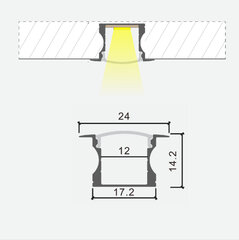 Įleidžiamas giliai anoduotas aliuminio profilis su matiniu stiklu LED juostelei gipso kartono plokštėms, plytelėms, baldams ir kt., 2m x 24mm x 14,2mm kaina ir informacija | LED juostos | pigu.lt