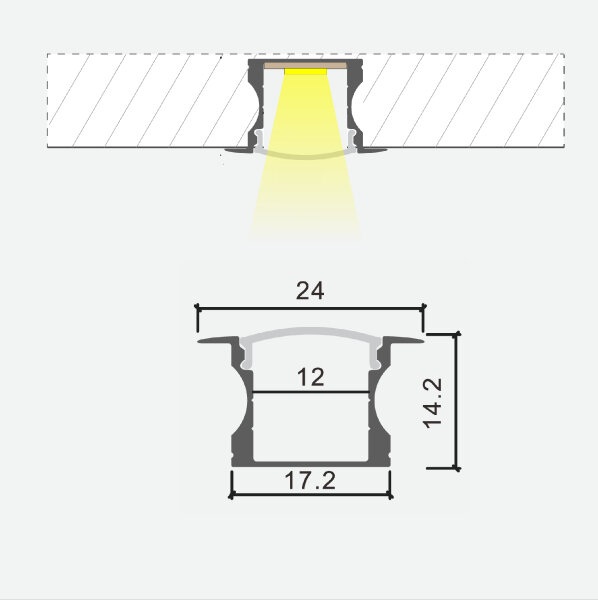 Įleidžiamas giliai anoduotas aliuminio profilis su matiniu stiklu LED juostelei gipso kartono plokštėms, plytelėms, baldams ir kt., 2m x 24mm x 14,2mm kaina ir informacija | LED juostos | pigu.lt