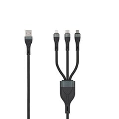 SEEK TOTI USB A to microUSB/Type-C/Lightning, 1.5 m Braided Cable 2A (non-MFI), Black kaina ir informacija | Laidai telefonams | pigu.lt