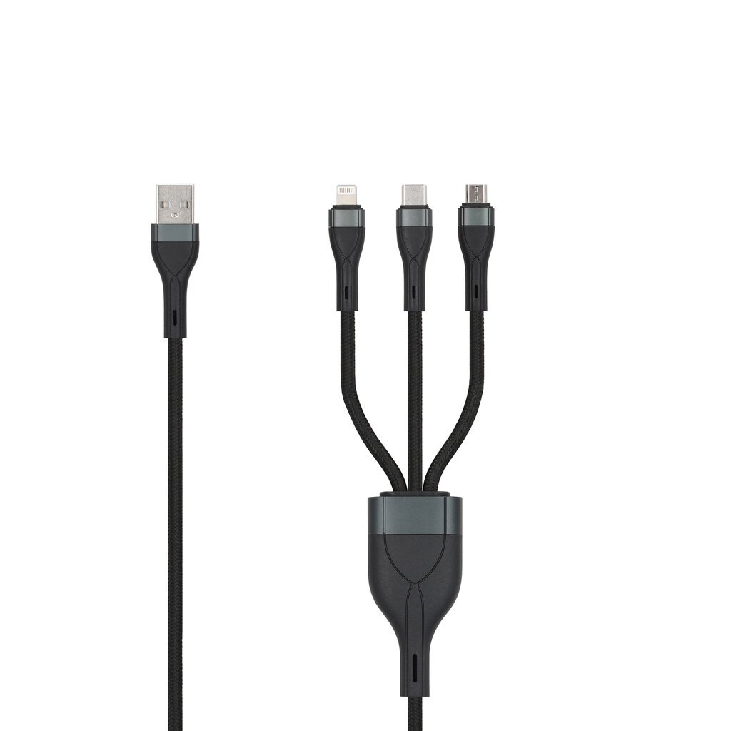 SEEK TOTI USB A to microUSB/Type-C/Lightning, 1.5 m Braided Cable 2A (non-MFI), Black kaina ir informacija | Laidai telefonams | pigu.lt