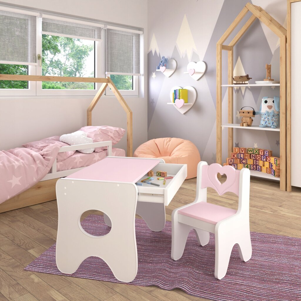 Vaikiškas stalas su kėdute IdeaMeb, baltas/rožinis kaina ir informacija | Vaikiškos kėdutės ir staliukai | pigu.lt