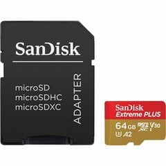"SanDisk Extreme PLUS microSDXC 64GB + SD adapteris + 2 metų "RescuePRO Deluxe" iki 200MB/s ir 90MB/s skaitymo/rašymo greitis A2 C10 V30 UHS-I U8; EAN:619659189150 kaina ir informacija | Atminties kortelės telefonams | pigu.lt