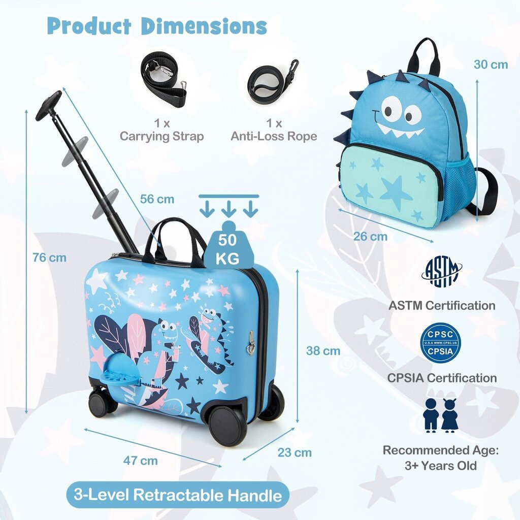 2 dalių vaikiškas bagažo rinkinys Costway Dinozauras, mėlynas kaina ir informacija | Lagaminai, kelioniniai krepšiai | pigu.lt
