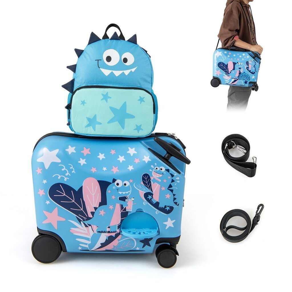 2 dalių vaikiškas bagažo rinkinys Costway Dinozauras, mėlynas цена и информация | Lagaminai, kelioniniai krepšiai | pigu.lt