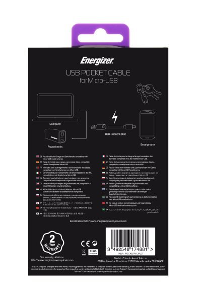 ENERGIZER Pocket MicroUSB-USB, Violetinis цена и информация | Laidai telefonams | pigu.lt