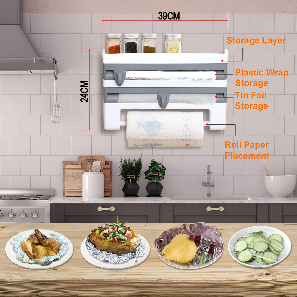 4 viename daugiafunkcinis stelažas virtuvei LIVMAN LEZ-94- pagardų laikiklis, folijos ir maistinės plėvelės laikiklis bei pjaustyklės ir popierinių rankšluosčių laikiklis kaina ir informacija | Virtuvės įrankiai | pigu.lt