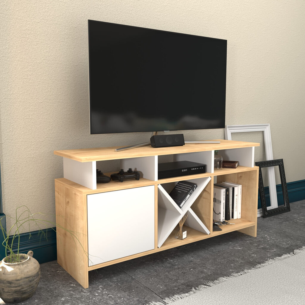 TV stovas Asir, 120x29,9x60,6 cm, smėlio spalvos/baltas kaina ir informacija | TV staliukai | pigu.lt